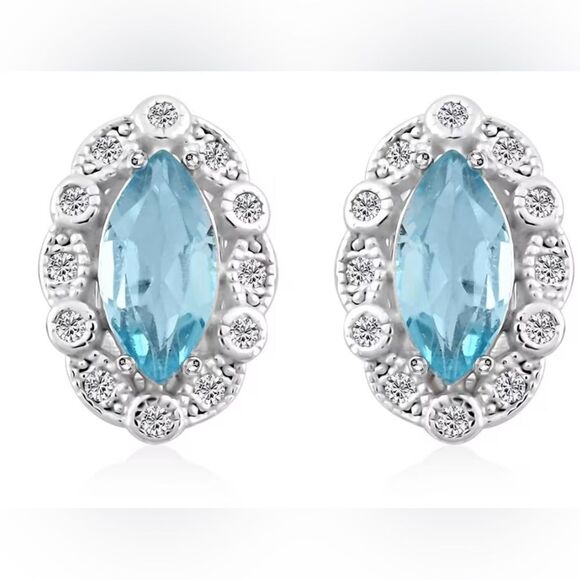 Blue Topaz and Simulated Diamond 1.85 ctw Earrings in Sterling Silver - Picture 3 of 9